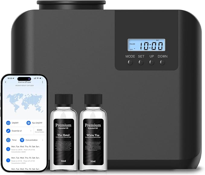 2026 Upgraded HVAC Scent Diffuser Machine Kit, Cover 5000 Sq.Ft, Wi-Fi Control, Hotel Scents Collection, Waterless Cold Air Aromatherapy Essential Oil Hotel Fragrance Diffuser for Large Room - Black