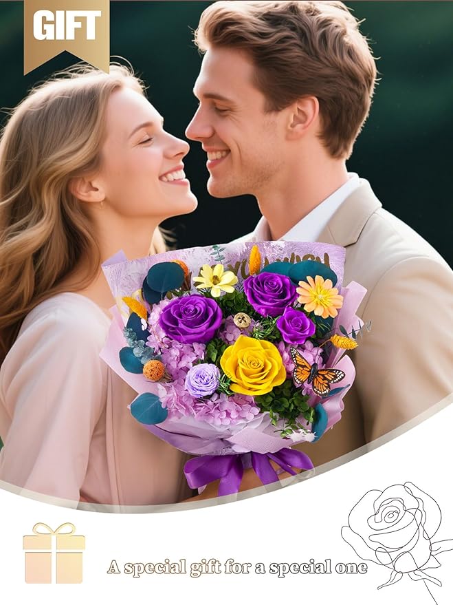Flowers for Delivery Prime Forever Flowers Preserved Roses Bouquets Purple Flower Birthday Gifts for Women Valentine's Day Mothers Day Graduation