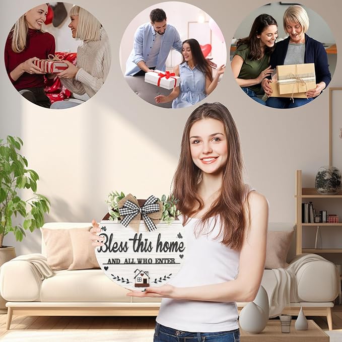 3D Bless This Home And All Who Enter Wooden front Door Signs，Door Decorations Hanging,Christian Jesus Home Porch Wall Decor，Spring Wreaths，Door Wreaths for Front Door Outside All Season