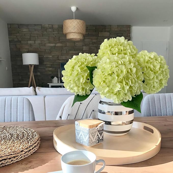 JINWOE Light Green Hydrangea Artificial Flowers, 4Pcs 22" Large Lifelike Faux Silk Flowers, Full Artificial Hydrangeas for Bouquet Table Centerpieces Indoor Spring Outdoor Home