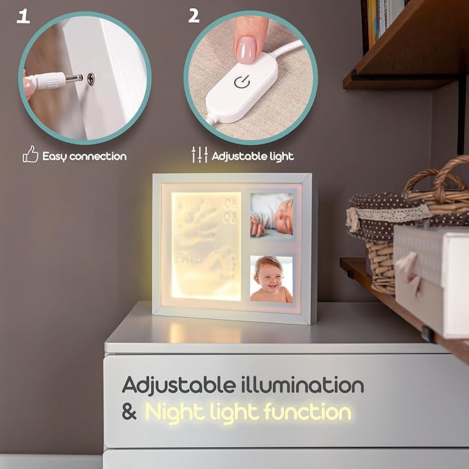 Baby footprint kit with LED night light - Hand and foot prints - Newborn - Baby shower gifts - Newborn essentials - Memory frame - Room decoration - Memory frame with clay hand prints - New XL size