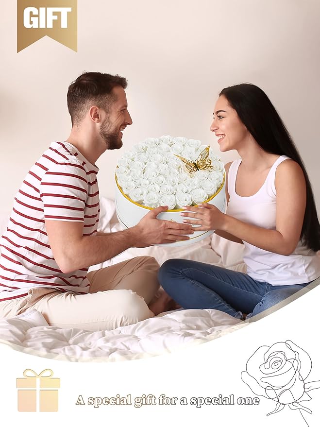 47 Preserved Roses Forever Flowers Real Roses in a Box Mother's Day Birthday Flowers for Her Mom Women Wife Valentine's Day, White Roses