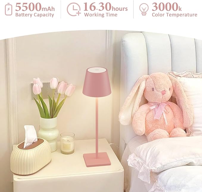2-Pack LED Cordless Table Lamp, Rechargeable Battery Desk lamp 5000mAh Battery Operated Stepless Dimming Modern Portable Table Light for Restaurant/Bedroom/Outdoor IP54 Waterproof (Pink)