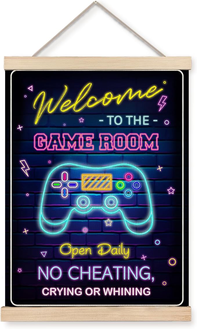 Foritho Neon Welcome to the Game Room Sign Poster Wall Art Framed, Cool Gaming Canvas Prints Wall Decor for Boys Teens Men Guys Room Bedroom, Game Room Accessories and Decor, 12x16 Inch