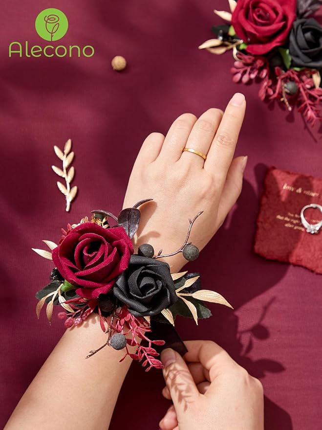 Alecono Set of 2 Wrist Corsage for Wedding, Burgundy and Black Corsages for Bride Bridesmaid, Artificial Flowers for Prom Graduation Ceremony Anniversary