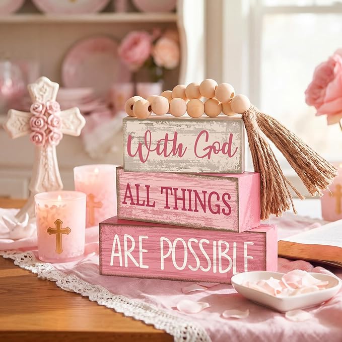 Lineshading 4 Pcs Wooden Farmhouse Tabletop Decor Rustic Home Tiered Tray Decor Decorative Farmhouse Table Decoration Highland Cow Home Eucalyptus Block Signs Gift(Beaded)