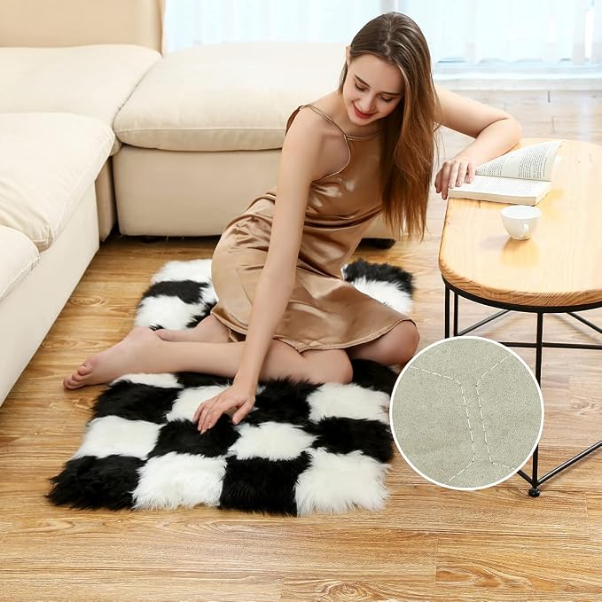 Faux Fur Black and White Checkered Rug, 2x3 Ft | Fluffy, Ultra Soft Shaggy Plush, For Bedroom Living Room Bedside Nursery Kids Room