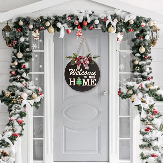 Interchangeable Welcome Sign for Front Door Decoration with 4 Seasonal Wreaths and 14 Holiday Icons, Black Welcome Door Hanger, Rustic Wooden Front Porch Sign Home décor（Black）