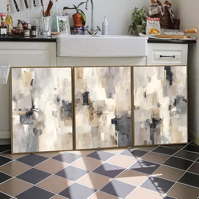 SAFERRYHOME Abstract Neutral Framed Canvas Wall Art, Minimalist Wall Decor Art Print, Modern Gray Brown Pastel Walls Painting Watercolor Artwork for Living Room, Bedroom, Dining Room, Office, 24"x36"x3