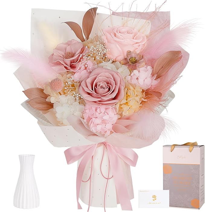 Preserved Bouquet of Flowers - Real Roses & Flowers for Delivery, Long-Lasting Dusty Pink Forever Camellia Flowers, Mothers Day Gifts for Mom Grandma Wife, Anniversary Birthday Gifts for Women