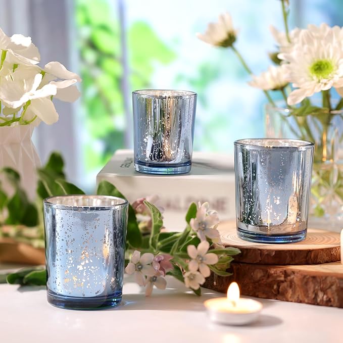 Volens Blue Votive Candle Holders Bulk, Mercury Glass Tealight Candle Holder Set of 12 for Wedding Centerpiece Table Decorations, Bridal Shower and Home Decor