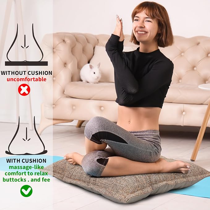 SINSOSSO Large Floor Pillows 22", Thickened Bite-Size Memory Foam Square Non-Slip Cushions for Office Back Support/Yoga/Chair Seat, Fashionable Color-Blocked Fabric & Washable, Light Brown, 2 PCS