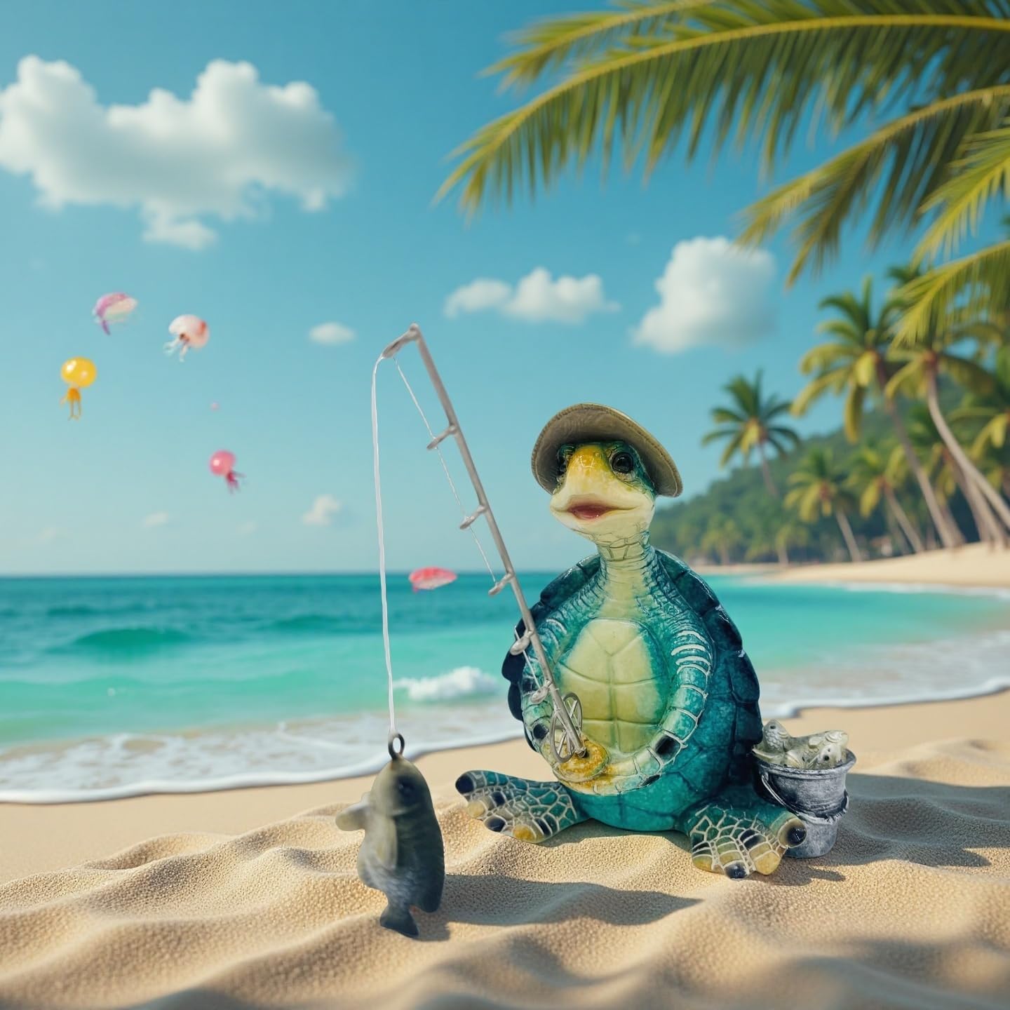 Turtle Fishing Decor, Summer Garden Statues, Nautical Coastal Beach Decorations, Home Office Decor Gifts, Bookshelf Desk Bathroom Tabletop Statue Ornament (Turtle Fishing)