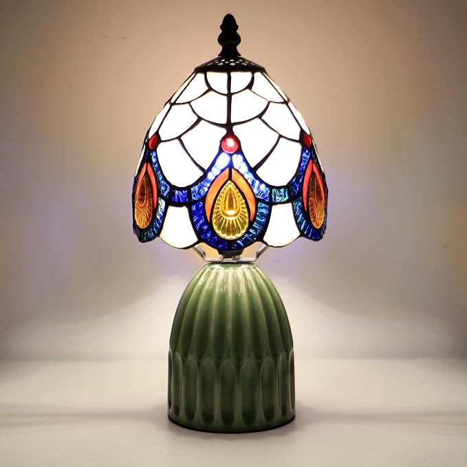 Tiffany Stained Glass Mushroom Table Lamp 12.5 Inch -Pink Peacock | Tiffany Lamp,6X6X12.5 Inch,Small Night Light,Ceramic Base, Mini Accent Light Suitable,Bedside,Bedroom, Children Room,Antique