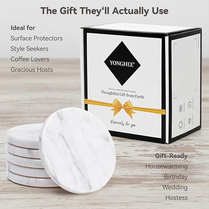 Soft White Marble Coasters Set of 6, Modern Elegant Drink Coasters for Coffee Table, 4" Round Polished Natural White Stone Coaster with Grey Veins - Heat Resistant, Non-Slip, Housewarming Gift