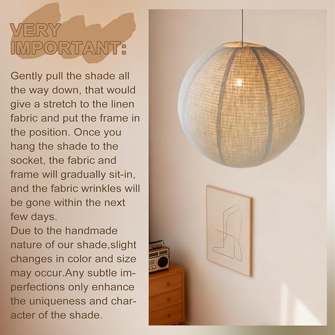 Linen Plug in Pendant Light, 20" Handcrafted Round Hanging Lamp shade with 191 Inch Cord, E26 Socket, Japanese Wabi Sabi Fabric Ceiling Light for Bedroom Living Room, Natural