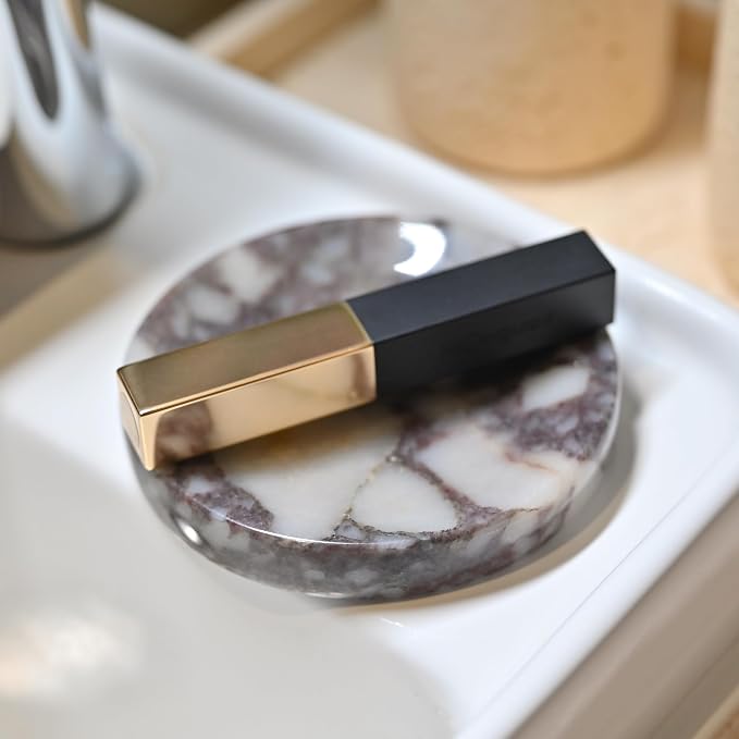 Calacatta Viola Marble Jewelry Dish 4”, Luxury Purple Veined Stone Trinket Tray for Rings Earrings Necklaces, Round Marble Soap Dish for Bathroom & Kitchen, Elegant Decorative Catchall for Home Décor