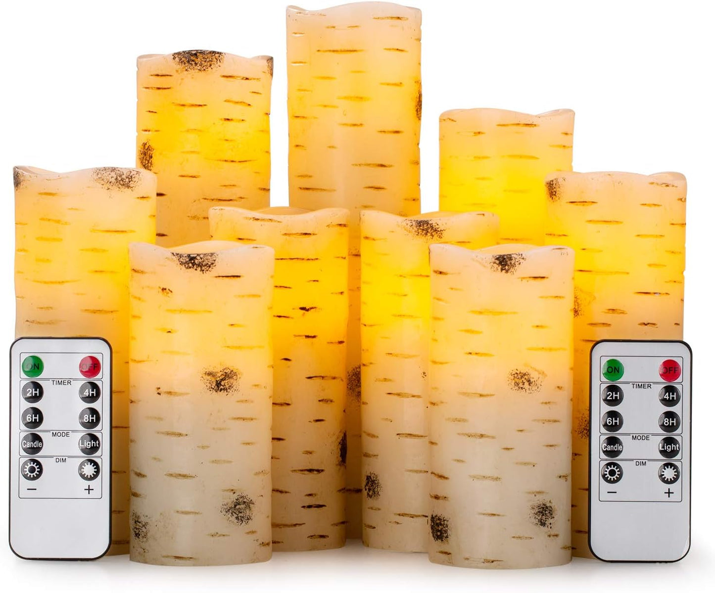 Flameless Flickering LED Candles with Birch Bark Effect - Set of 9 Battery-Operated Real Wax Pillar Candles with 10-Key Remote Control - 2/4/6/8 Hour Timer