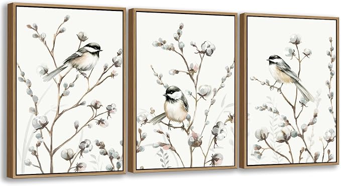 Large Bird Wall Art for Living Room Natural Wood Float Framed Art Set of 3 Tropical Plant Pictures Boho Artwork White Flowers Canvas Prints for Bedroom Kitchen Home Office Wall Decor 20"X28"X3