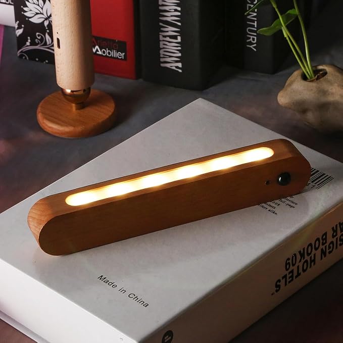 Wooden Motion Sensor Wall Light Magnetic Rechargeable Hallway 2-Pack | Night light warm LED glow, USB C, Detachable design, Tool-free mounting for closets, stairs, cabinets, entryways, home