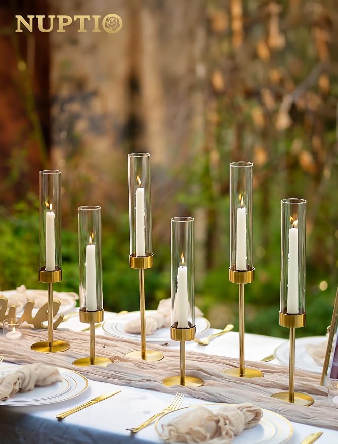 NUPTIO Candlestick Holders for Table Centerpiece: Set of 3 Gold Candle Sticks Holder with Clear Glass Hurricane - Tall Brass Taper Candle Holders for Outdoor Wedding Birthday Decor