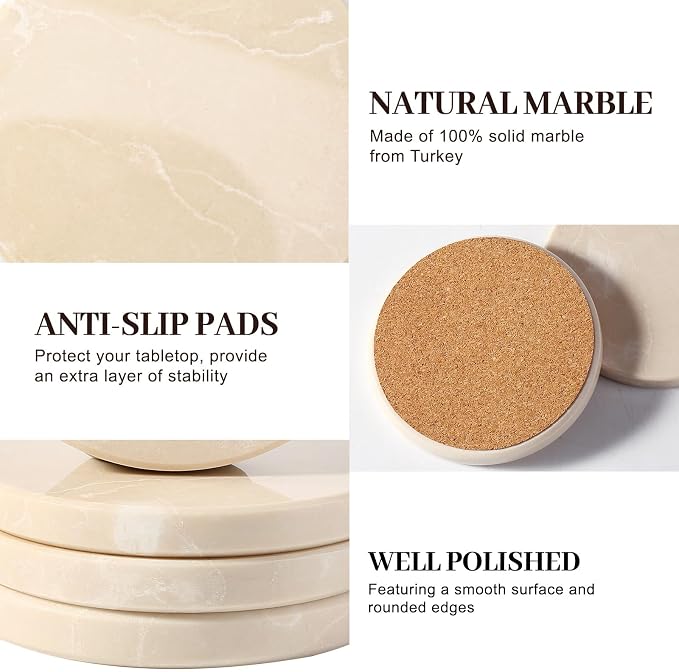 Koville Marble Coaster Set of 4, Round Coasters, 4" Stone Coaster for Drinks Coffee, Marble Coasters for Coffee Table Home Bar Decor, Heat Resistant, Gift Choice(Beige)