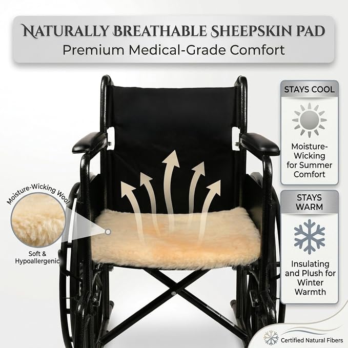 Natural Sheepskin for Bed Sores and Skin Irritation | 100% Real Medical Sheepskins with Non-Slip Back for Pain Relief and Discomfort, Wool Seat Pad, Natural, 17 in. x 17 in.