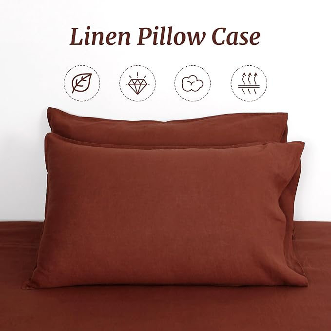 Linen World French Linen Pillowcases - Set of 2 - Stone Washed,Moisture-Absorbing - King Size (20''x40''),Red Pear