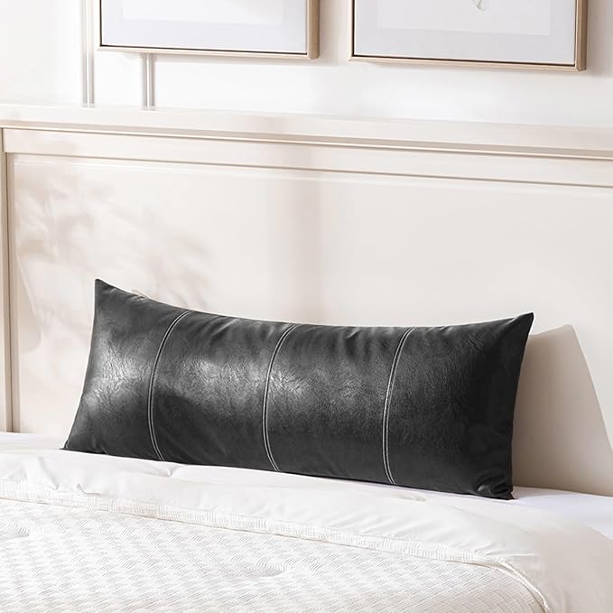 Fancy Homi Black Boho Long Lumbar Faux Leather Decorative Throw Pillow Covers 21x54 Inch for Living Room Couch Bed Sofa, Hand Stitched Rectangle Cushion Case, Rustic Modern Farmhouse Home Decor