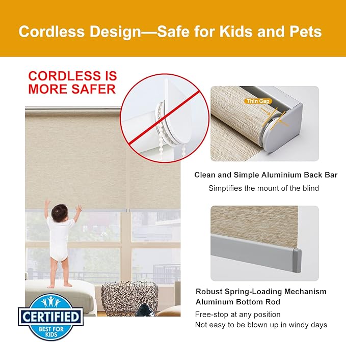 Persilux Custom Size Natural Woven Cordless Roller Shades, Free-Stop Window Shades for Home, Roller Window Shades, Light Filtering Window Blinds for Windows, Kitchen and Door (Khaki)