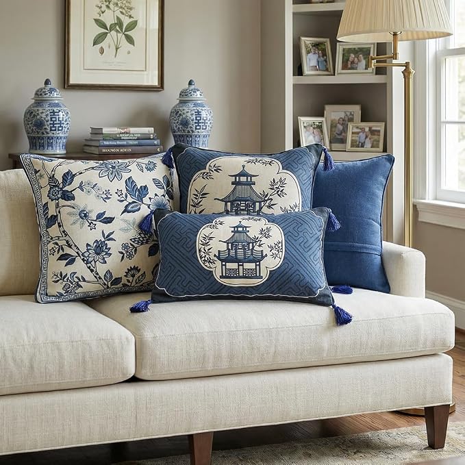 bilin gaier Designer Vintage Linen Throw Pillow Cover,20"x12"-Suqing B | Chinoiserie Elegant Rectangular Blue Pillow Cover,Concealed Zipper,Sofas,Bedroom,Living Room,Dining,Lounge Chairs