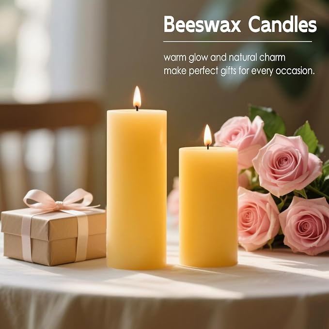 2x5 Inch Beeswax Candles, 4 Packs, Natural Beeswax Pillar Candles, 52 Hours Burn Time, Pure Emergency Candle Long Burning for Home Decor, Gift Sending, Smokeless & Dripless