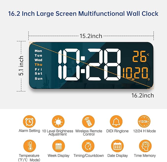 YISILE Digital Wall Clock Large Display, 16.2" Large Digital Wall Clock with LED Display Remote Control, Automatic Brightness Dimmer Big Clock with Date Week Temperature（White）