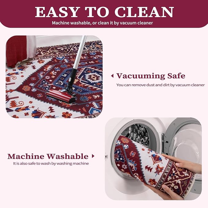 SERISSA Boho Rugs for Entryway, 2x3 Washable Non-Slip Rug Small Area Rug, Ultra Soft Oriental Vintage Burgundy Navy Low-Pile Indoor Door Mat Floor Carpet for Entrance Bedroom Kitchen Bathroom