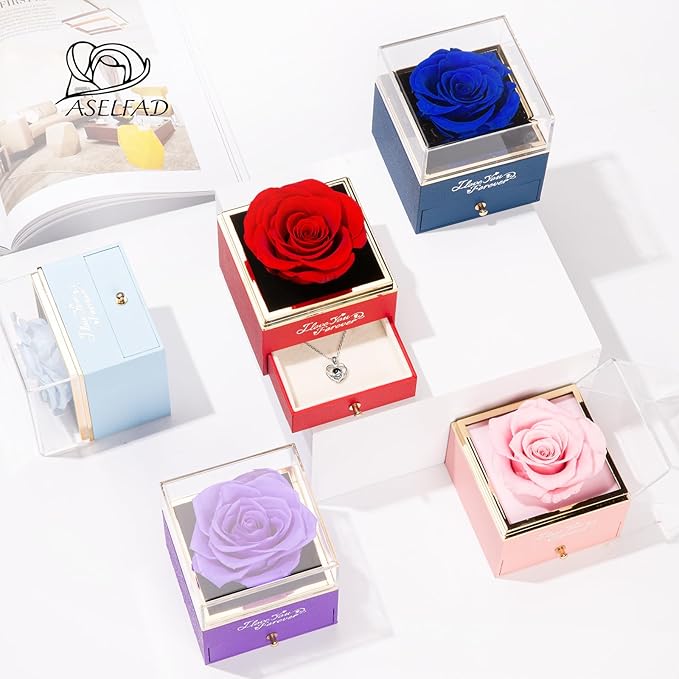 ASELFAD Preserved Real Rose with Heart Necklace -I Love You Forever Eternal Rose for Her, Mothers Day Gifts for Mom, Wife, Anniversary or Birthday Gifts for Women, Blue