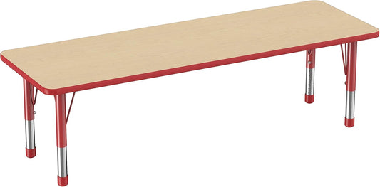 Factory Direct Partners FDP Rectangle Activity School and Classroom Kids Table (24 x 72 inch), Chunky Toddler Legs, Adjustable Table Height 15-24 inches - Maple Top and Red Edge