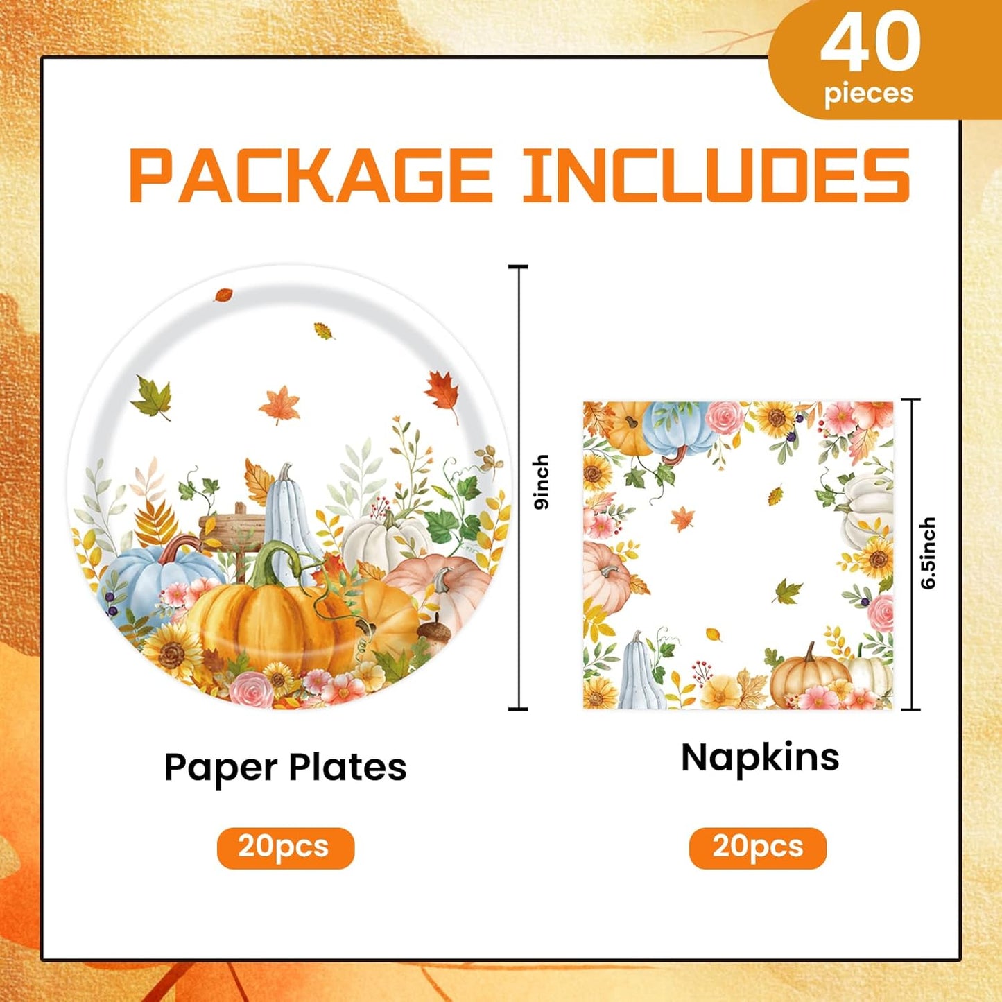 40Pcs Fall Paper Plates and Napkins Party Supplies, Disposable Thanksgiving Pumpkin Flower Wreath Plates Napkins Dinnerware Set for Autumn Theme Party Decorations (Fall)