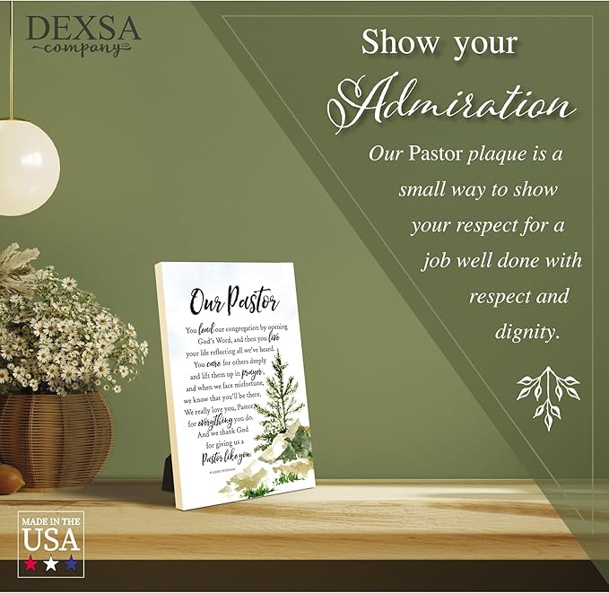 DEXSA Our Pastor Wood Plaque with Inspiring Quotes 6"x9" - Elegant Vertical Frame Wall & Tabletop Decoration | Easel & Hanging Hook | Christian Family Religious Home Decor Saying | Made in the USA