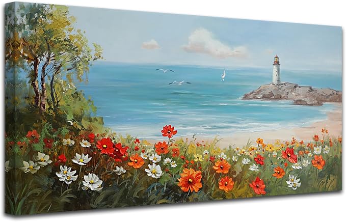 Ardemy Lighthouse Framed Canvas Wall Art for Living Room Blue Ocean Painting Seascape Landscape Coastal Picture Textured Bedroom Artwork Home Office Wall Decor, Large 40"x20"