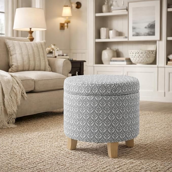 HomePop 19" Round Storage Ottoman - Light Grey Print