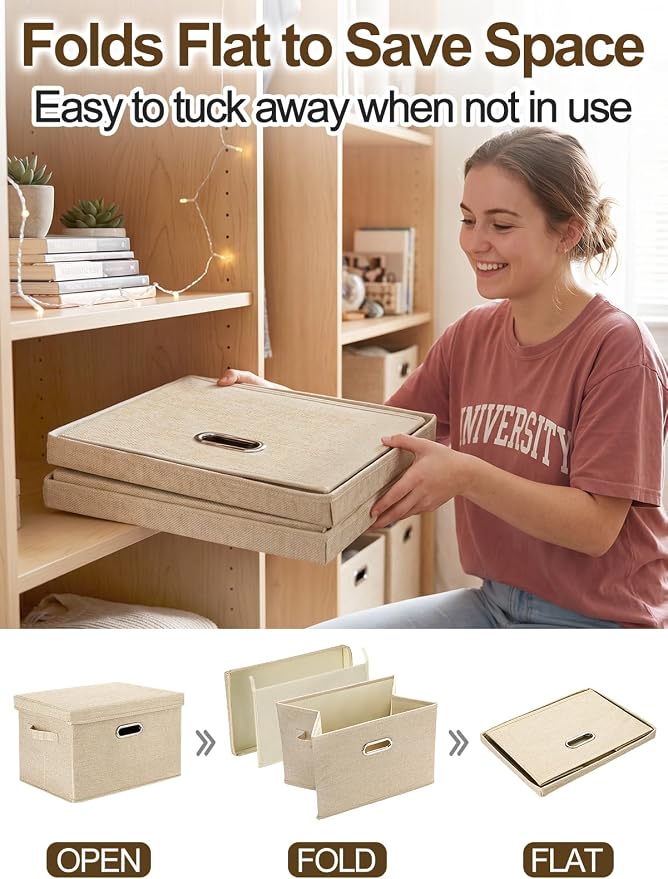 MADHOLLY 4 Pack Stackable Sturdy Dorm Room Storage Bins with Lids - 27qt Easy to Assemble Collapsible Fabric Cube Storage Boxes with Handles, Under Bed/Closet Organizers, Beige