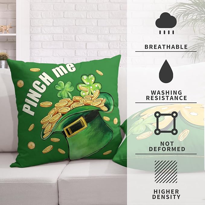 St Patricks Day Pillow Covers Green Lucky Hat Filled with Gold Coin Shamrock Throw Pillow Covers 18x18 Polka Dots Gold Clover Pillow Cases Spring March Holiday Cushion Case for Sofa 2 Pack