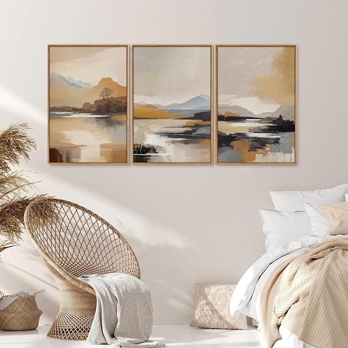 Tinonedraw Beige Abstract Mountain Framed Canvas Wall Art, Mid Century Modern Wall Decor, Rustic Golden Hour Lake Artwork, Neutral Nature Landscape Art Paintings for Living Room Bedroom 16"x24"x3