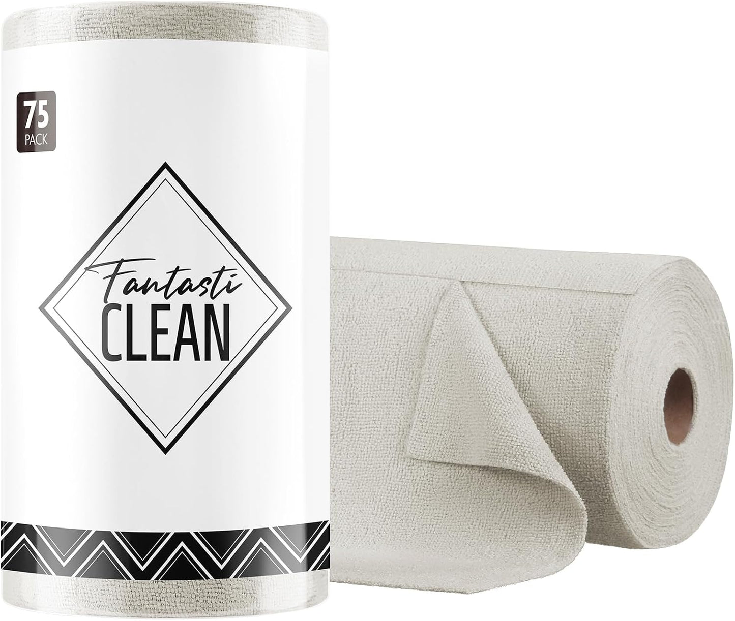 Fantasticlean Microfiber Cleaning Cloth Roll -75 Pack, Tear Away Microfiber Towels, 12" x 12", Reusable, Washable, Scratch Free, Ultra Absorbent Dish Rags for Car, Home, Garage or Shop (Cool Grey)