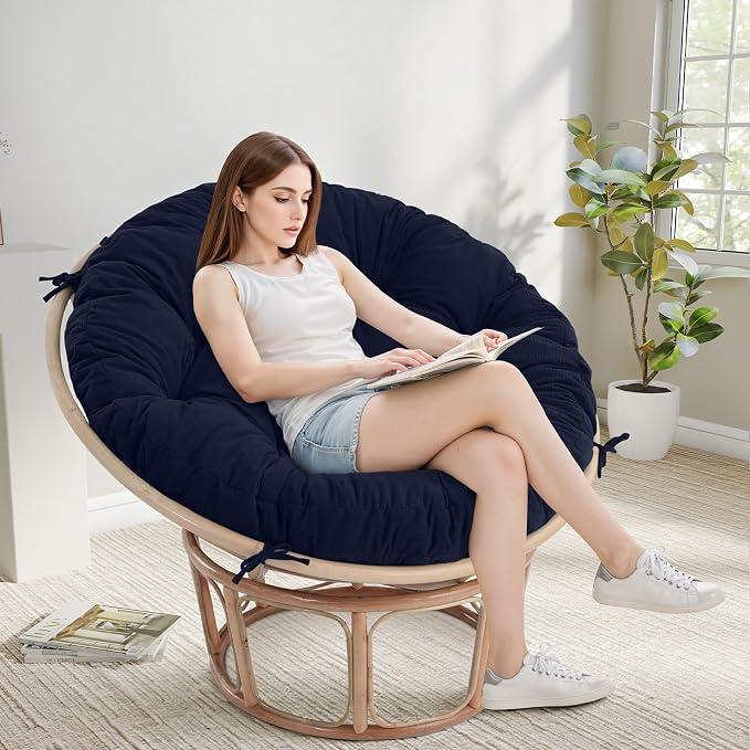 idee-home Papasan Chair Cushion, Circle Papasan Chair Cushion(Cushion Only) | Papasan Cushion with Thick Corduroy Cover, 48 x 48 Inch Cushion for Egg Chair, Navy