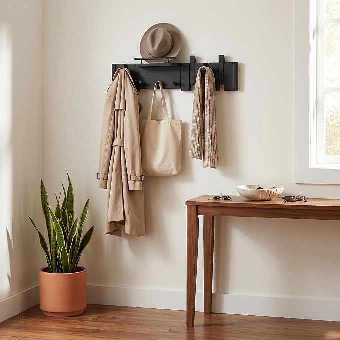 Mid Century Modern Walnut Foldable Entryway Wall Coat Hanger Hook with Shelf,Heavy Duty Wooden Piano Hidden Towel Hooks for Bathroom,Wall Rack for Purse&Key&Mail,Home Decor (Black, 7 Hooks)