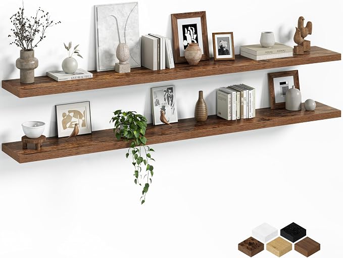 Fun Memories Floating Shelves for Wall, 72 Inch Long Set of 2 Rustic Wood Wall Shelves with Invisible Brackets, Heavy Duty Storage Display for Living Room Bedroom Kitchen, Brown