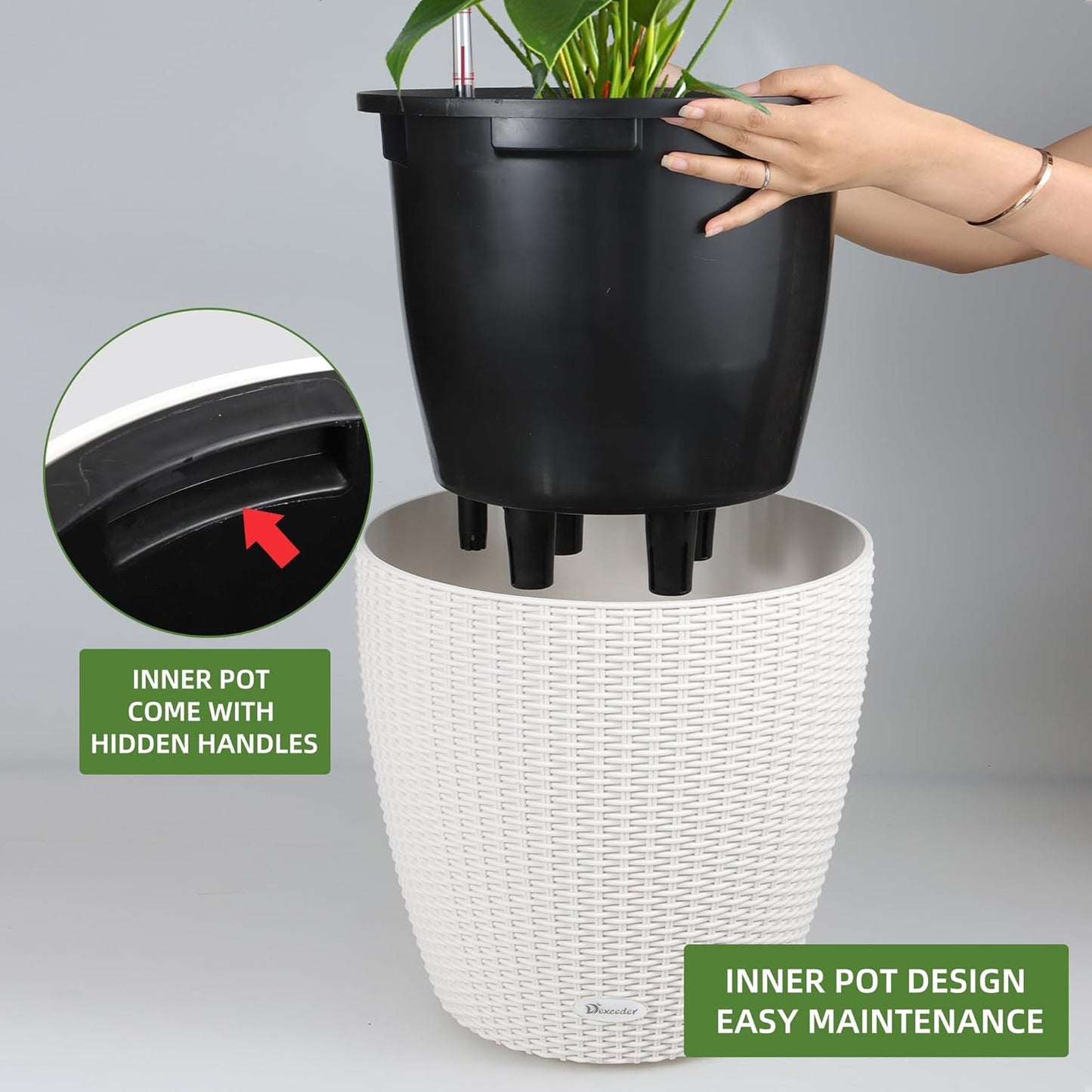 Dexceder 15x14 Rattan Self Watering Planter with Wheels Indoor Outdoor, Inner Pot Design, Thickened Large Floor Standing Flower Plant Pot with Water Level Indicator (Ivory White)