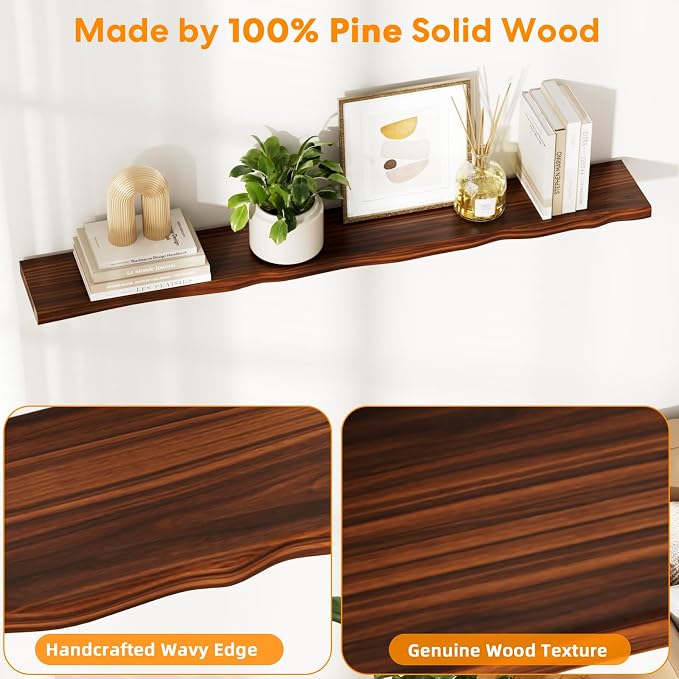 Solid Wood Live Edge Floating Shelves Set of 1 – 55" Rustic Wall Shelf with Hidden Bracket System, Wall Mounted Shelves for Bathroom, Kitchen, Living Room, Bedroom (Walnut)