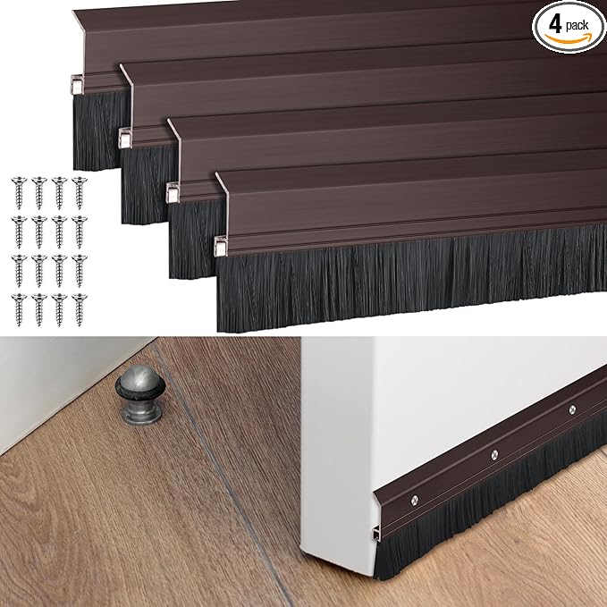 Hushee 4 Pack 36 Inches Brush Door Sweep for Exterior, Aluminum Commercial Door Sweep Bottom All-Season Alloy Brush for Exterior and Interior Sealing Gaps Keeps Cold Air, Dust Out(Brown)